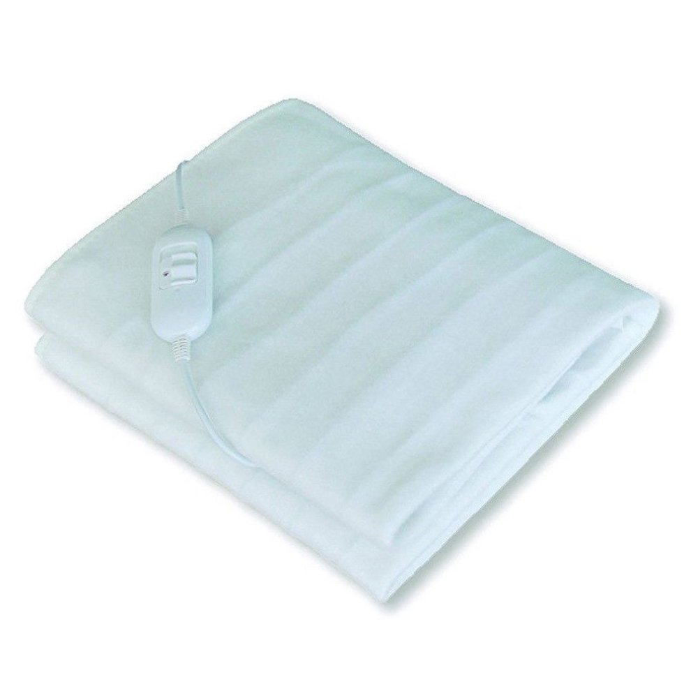 White Kingavon double electric blanket measuring 120 x 107 cm, featuring a smooth fabric texture and a control switch for temperature adjustment.