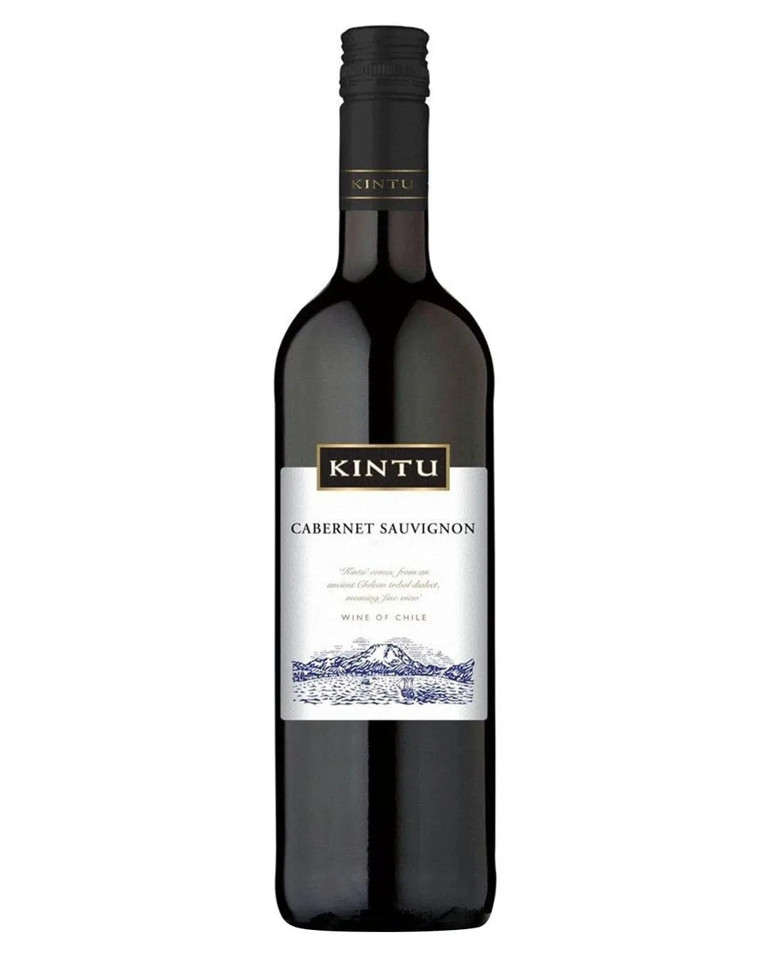 A dark glass bottle of Kintu Cabernet Sauvignon 2017, featuring a white label with blue mountain graphics and black text, capped with a black screw top.
