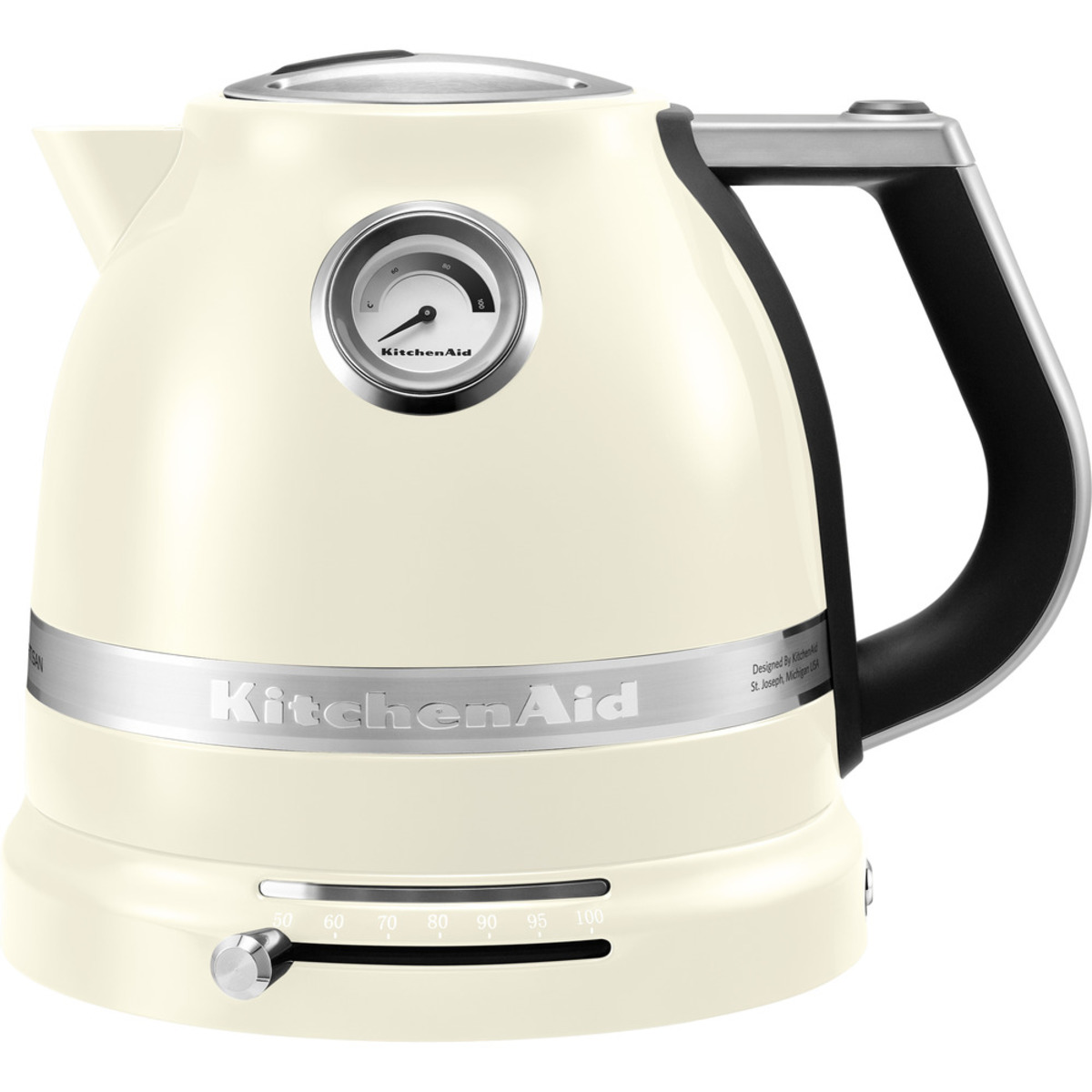 Almond cream-colored KitchenAid 1.5L kettle with a stainless steel base, variable temperature dial, and a round gauge on the lid for precise heating control.