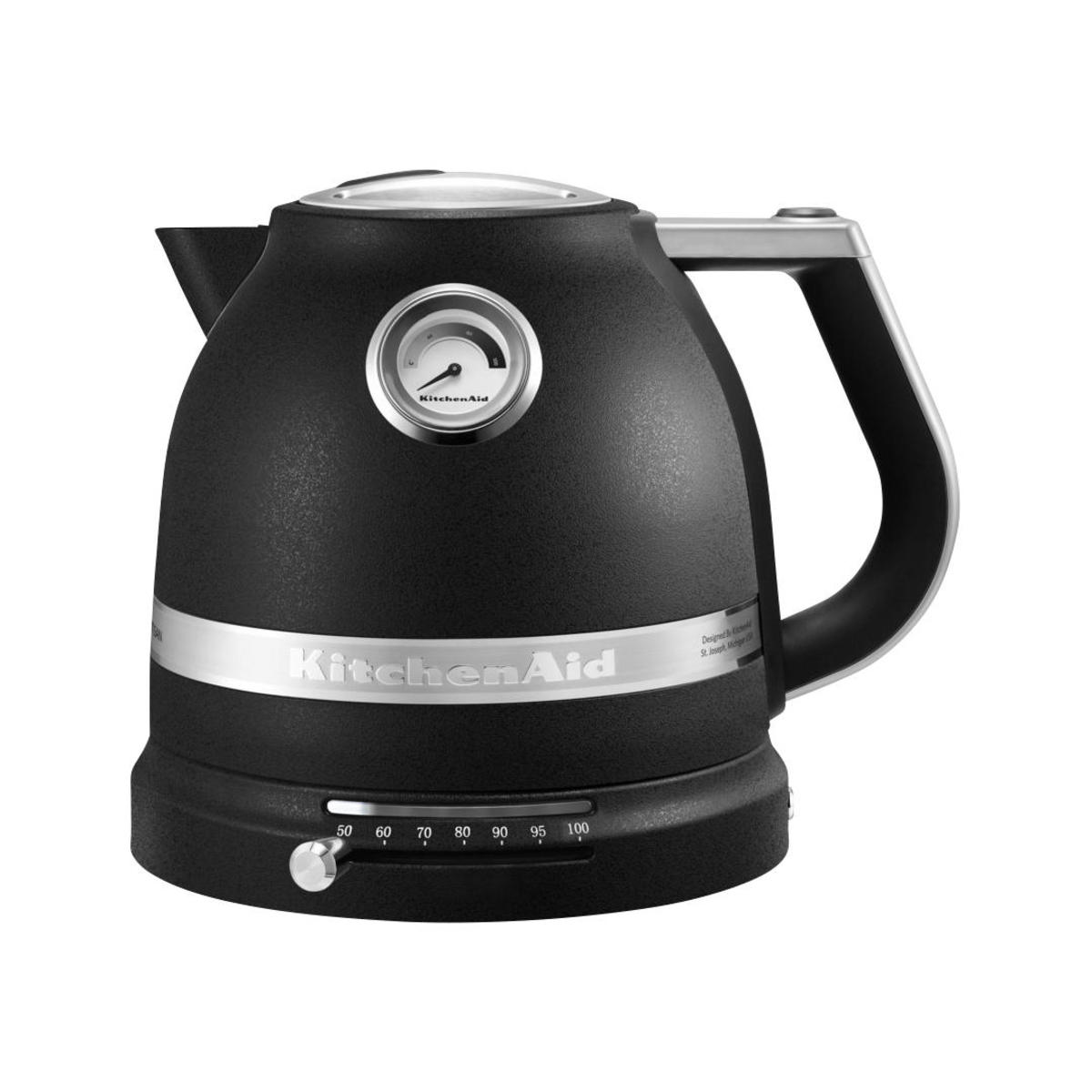 Black cast iron kettle with a variable temperature dial, stainless steel accents, and a rounded design, featuring a prominent KitchenAid logo on the front.