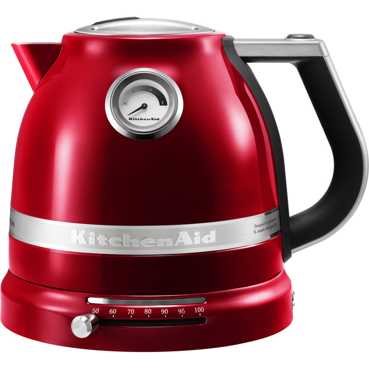 Bright red metal kettle with a sleek design, featuring a temperature gauge, a stainless steel band, and a black handle, offering variable temperature settings for precise boiling.