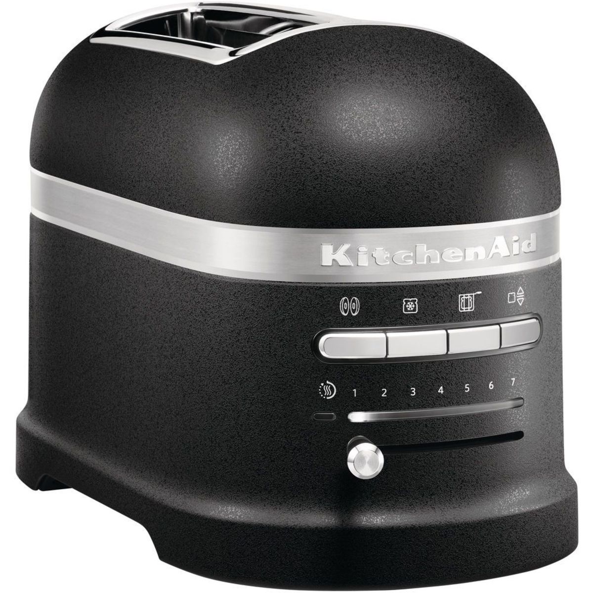 Black cast iron toaster with a rounded design, featuring a stainless steel band, multiple browning settings, and a lever for easy toast removal.