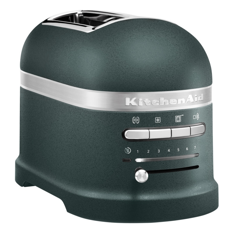 Pebble palm green KitchenAid 2-slice toaster with a sleek rounded design, stainless steel accents, and six browning settings for perfect toast.