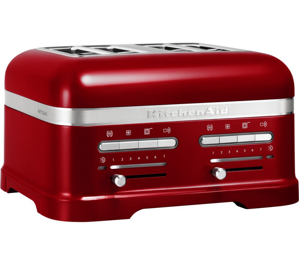 Bright candy apple red KitchenAid Artisan 4-slice toaster with a sleek metal finish, featuring dual control panels and a modern design for even toasting.