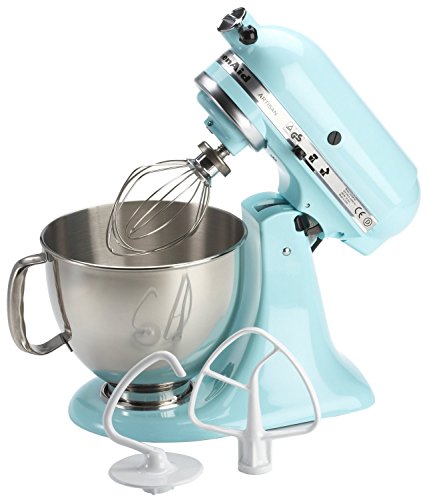 4.8L KitchenAid ARTISAN Tilt-head Stand Mixer in Ice Blue, featuring a stainless steel bowl, a whisk attachment, and a sleek, glossy finish.