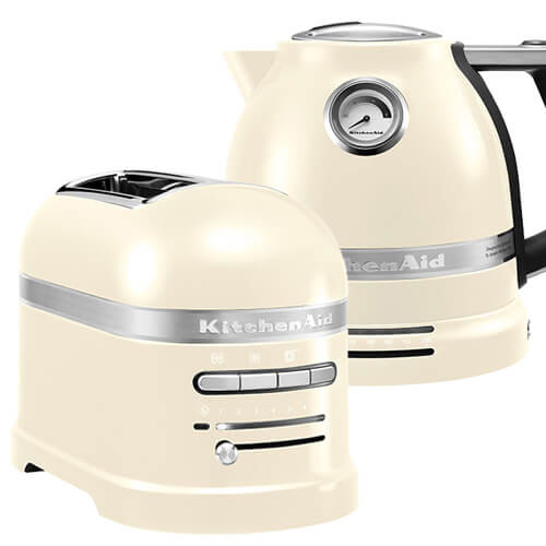 Almond cream KitchenAid Artisan 2-slot toaster and kettle set, featuring a sleek design, stainless steel accents, and a temperature gauge on the kettle.