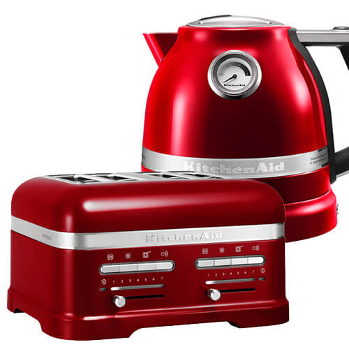 Bright red KitchenAid Artisan kettle and 4-slot toaster set, featuring a sleek stainless steel base, polished accents, and easy-to-use control knobs for toasting and boiling.