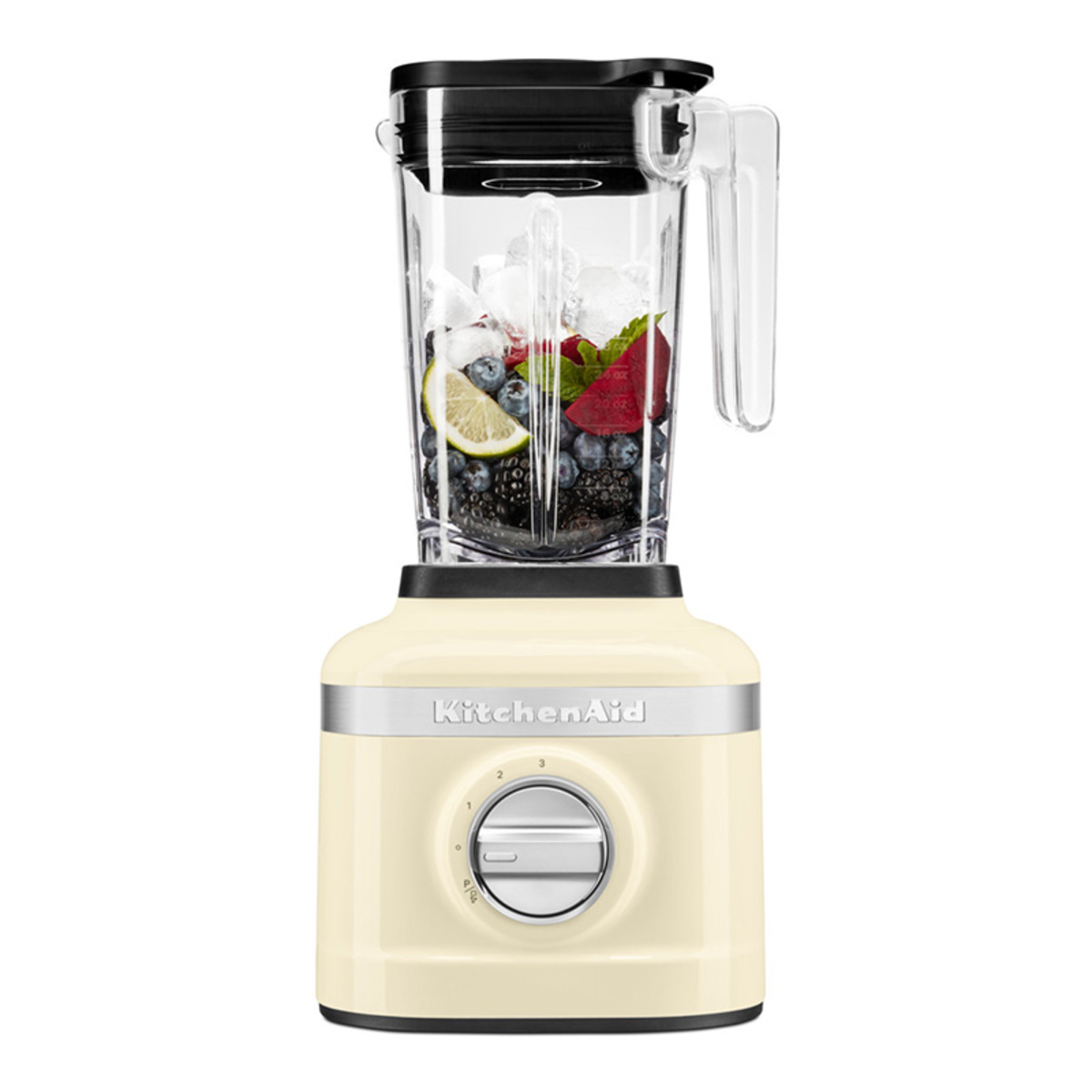 1.4L KitchenAid K150 Blender in almond cream color features a sleek design, a clear blending jar, and a stainless steel base with a control dial.