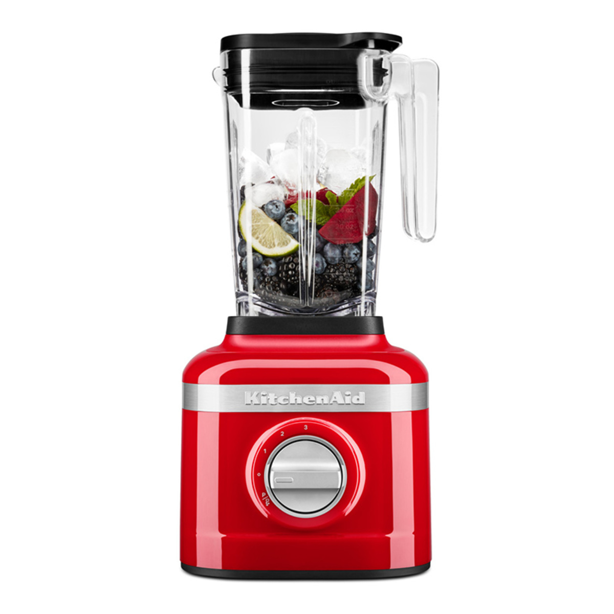 Empire Red KitchenAid K150 Blender with a clear plastic jar filled with ice, berries, and lemon slices, featuring a silver band and a round control knob.