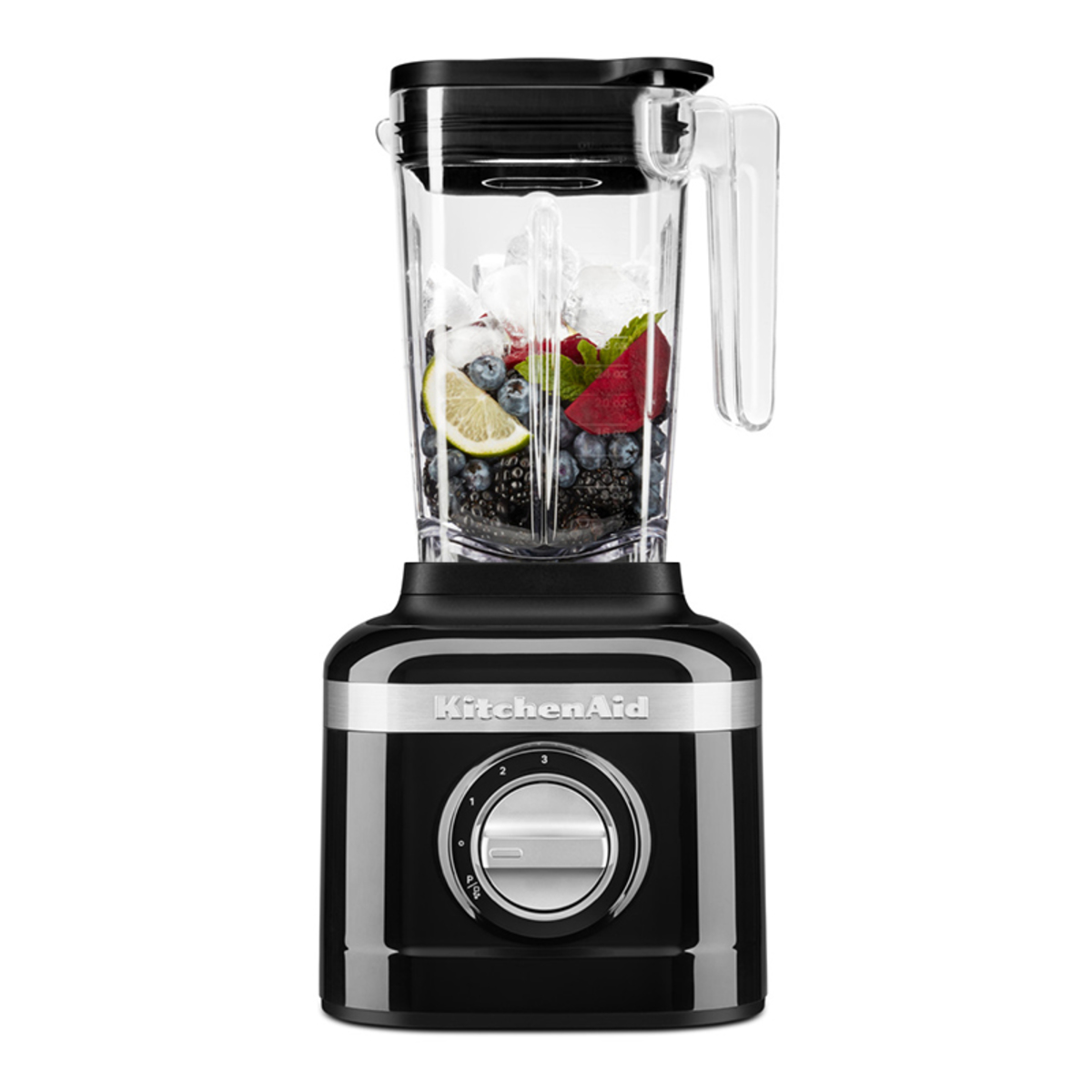 1.4L KitchenAid K150 Blender in Onyx Black with a clear blending jar filled with ice, berries, and lemon, featuring a stainless steel base and a control dial.