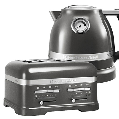 Medallion silver KitchenAid toaster with four slots and a matching kettle, featuring a sleek design, stainless steel accents, and easy-to-use controls.