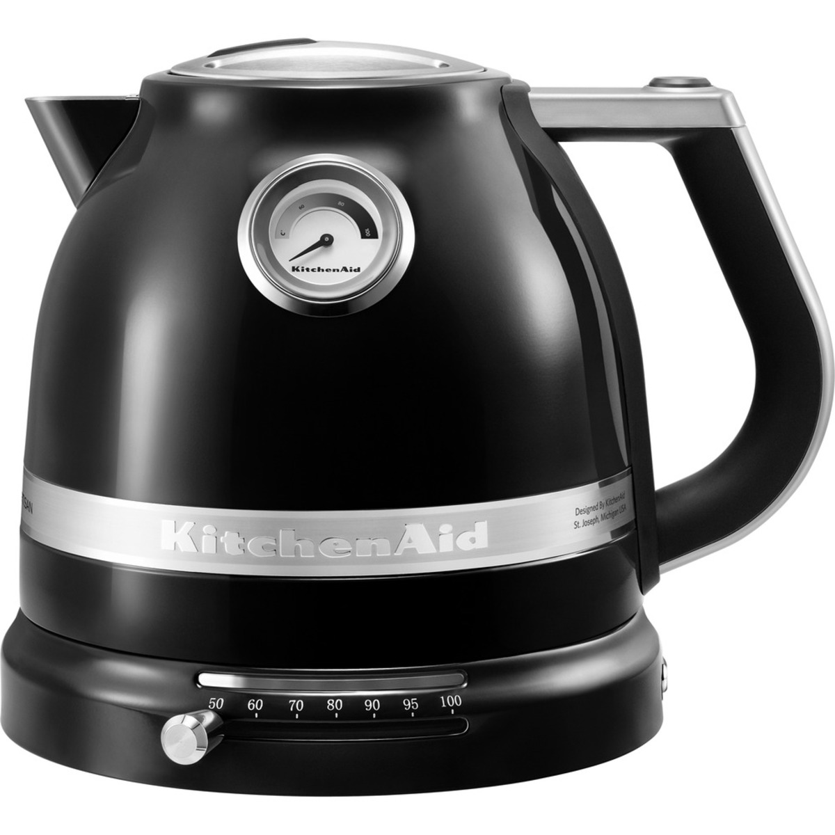 Black stainless steel kettle with a variable temperature dial, a round water level gauge, and a sleek handle, featuring the KitchenAid logo on a silver band.