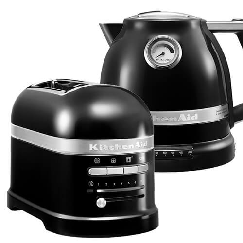 Sleek Onyx Black KitchenAid Artisan toaster with two slots and a kettle featuring a stainless steel band and a dial gauge, showcasing a modern kitchen aesthetic.