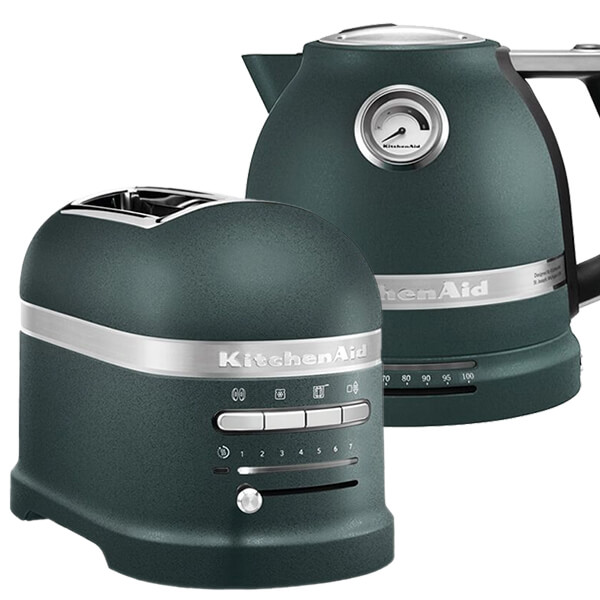 KitchenAid Artisan Pebbled Palm toaster and kettle set in deep green, featuring a textured finish, stainless steel accents, and easy-to-use controls for both appliances.