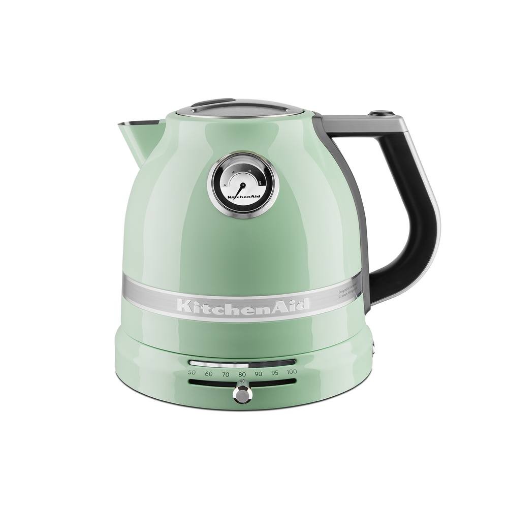 Green 1.5L Artisan Multi-Temp Kettle by KitchenAid features a sleek design, stainless steel body, temperature dial, and a glass water gauge for precise heating.