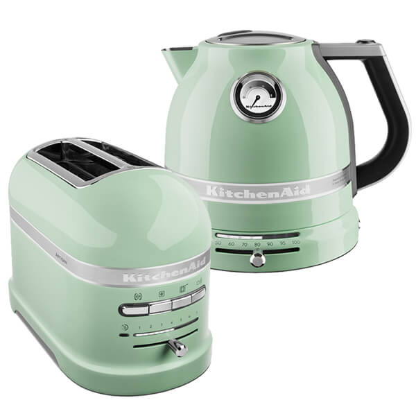 Pistachio green KitchenAid Artisan toaster and kettle set featuring a sleek design, stainless steel accents, and a retro-inspired aesthetic.