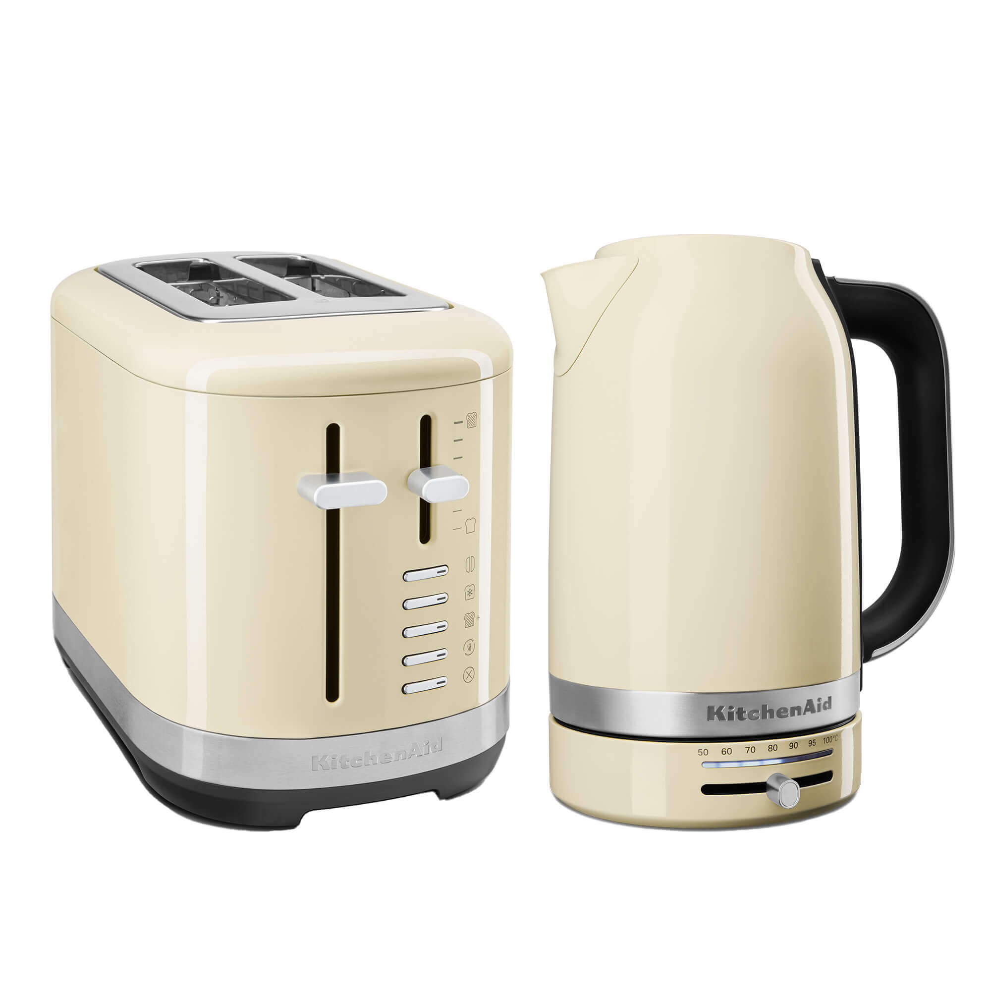Almond cream-colored KitchenAid kettle and two-slice toaster set, featuring sleek designs, chrome accents, and easy-to-use control knobs.