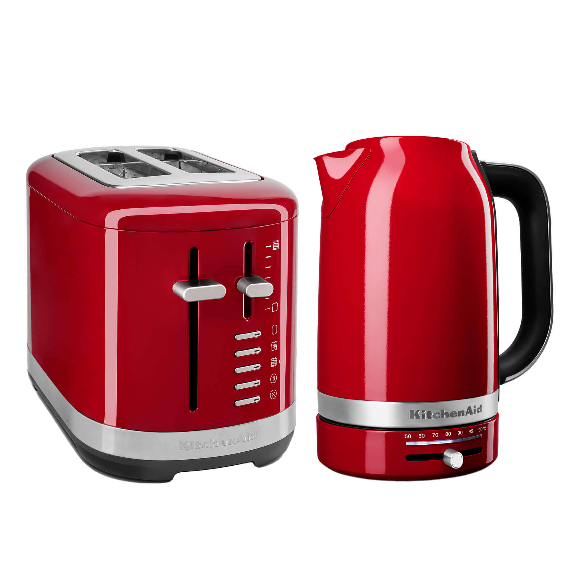Empire Red KitchenAid kettle and 2-slice toaster set featuring a glossy finish, stainless steel accents, and easy-to-use controls for a stylish kitchen look.