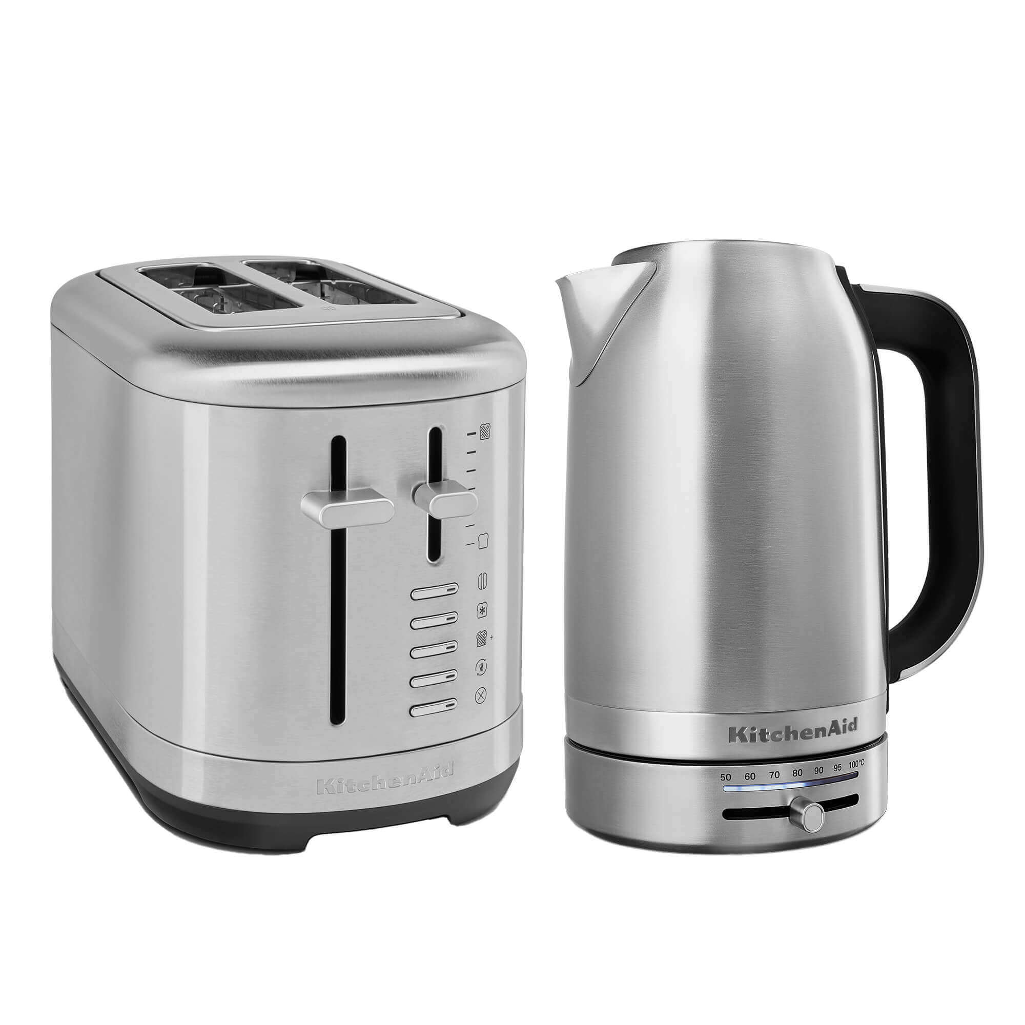 Stainless steel KitchenAid kettle and 2-slice toaster set featuring a sleek design, black accents, and easy-to-use controls for a modern kitchen aesthetic.
