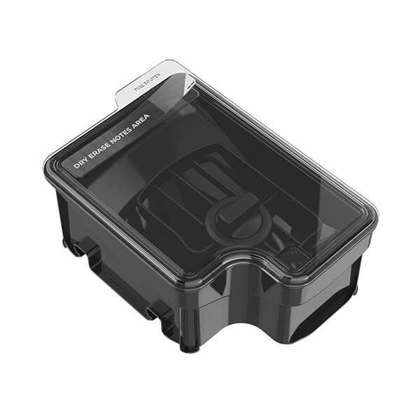Transparent black removable bean hopper with lid, featuring a dry erase notes area and a sleek, modern design, ideal for use with KitchenAid espresso machines.