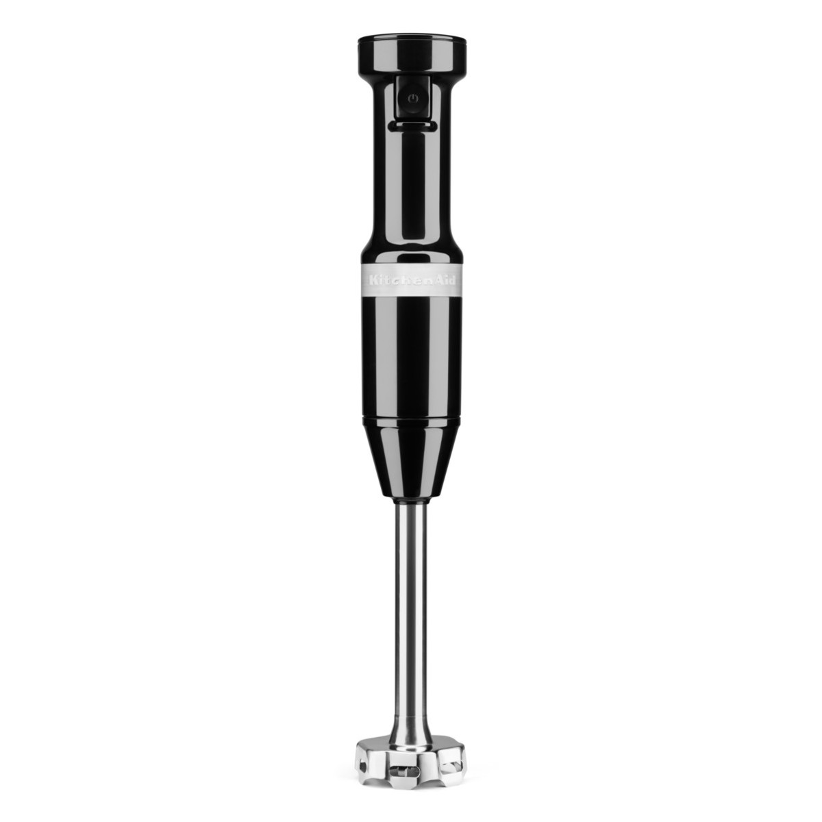 Classic hand blender in onyx black with a sleek, ergonomic design, featuring a stainless steel blending arm and a simple push-button control for easy operation.