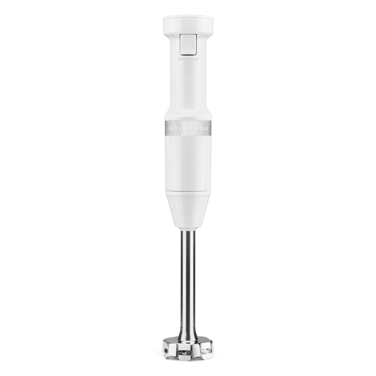 Classic white hand blender with a sleek plastic body, featuring a stainless steel blending shaft and a single power button for easy operation.