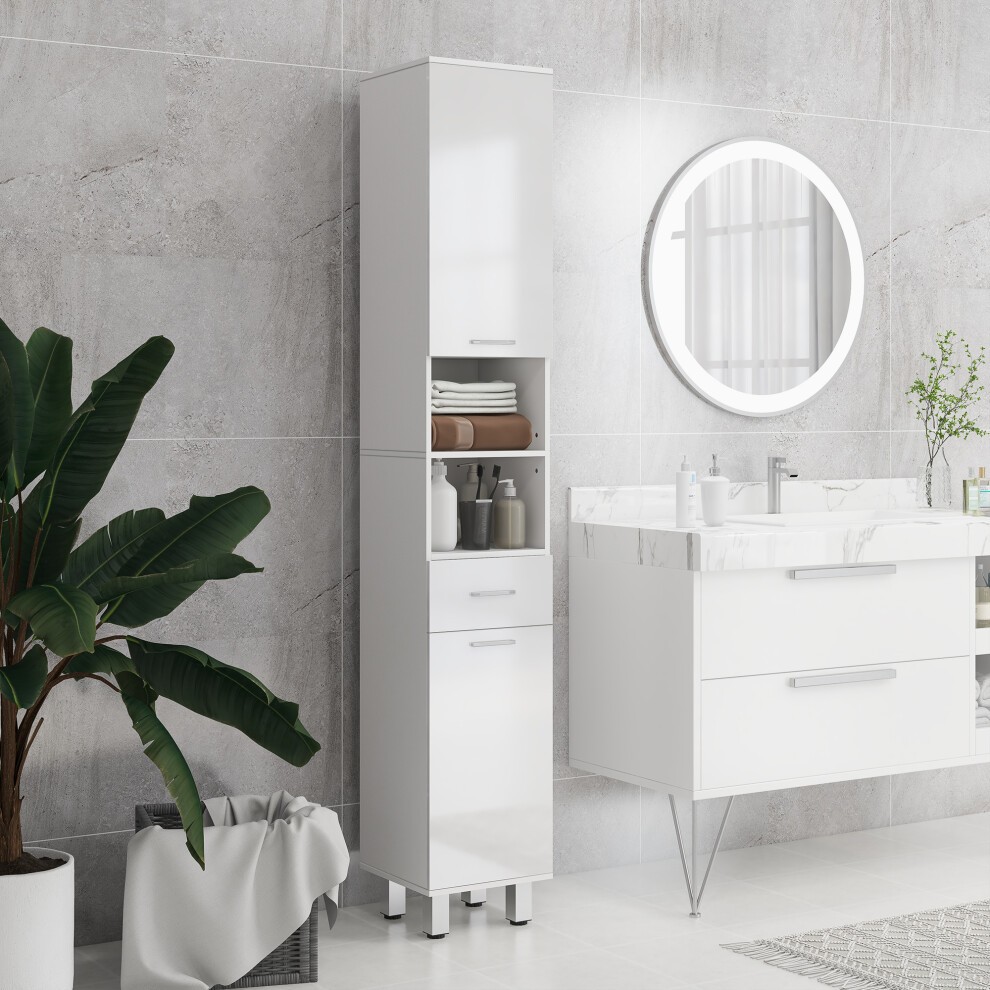 Tall narrow white bathroom storage cabinet with two drawers and open shelves, featuring a sleek design, set against a marble wall and complemented by a round mirror and greenery.