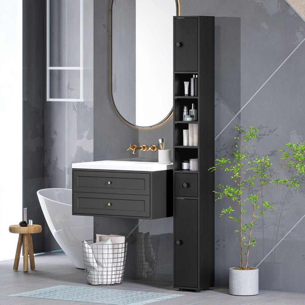 Slim black bathroom cabinet with open shelves, featuring a sleek design, storage drawers, and a modern finish, set against a stylish bathroom backdrop with a round mirror.