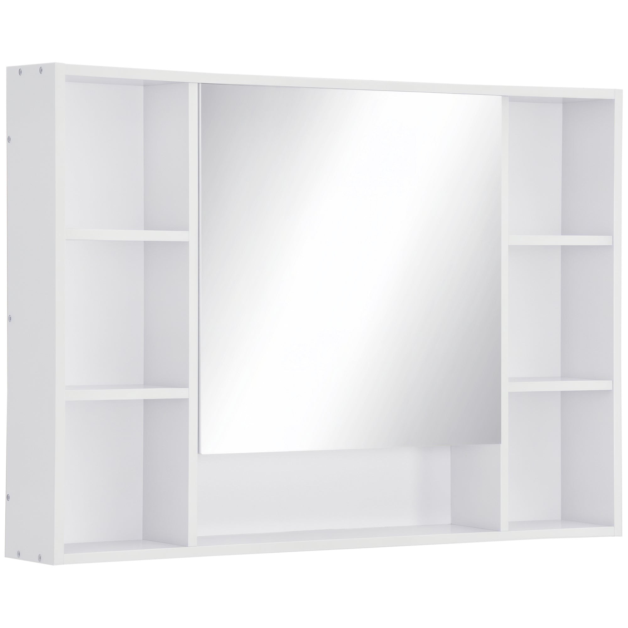 White wall-mounted bathroom cabinet with a central mirror and multiple open shelves for storage, featuring a sleek, modern design by Kleankin.