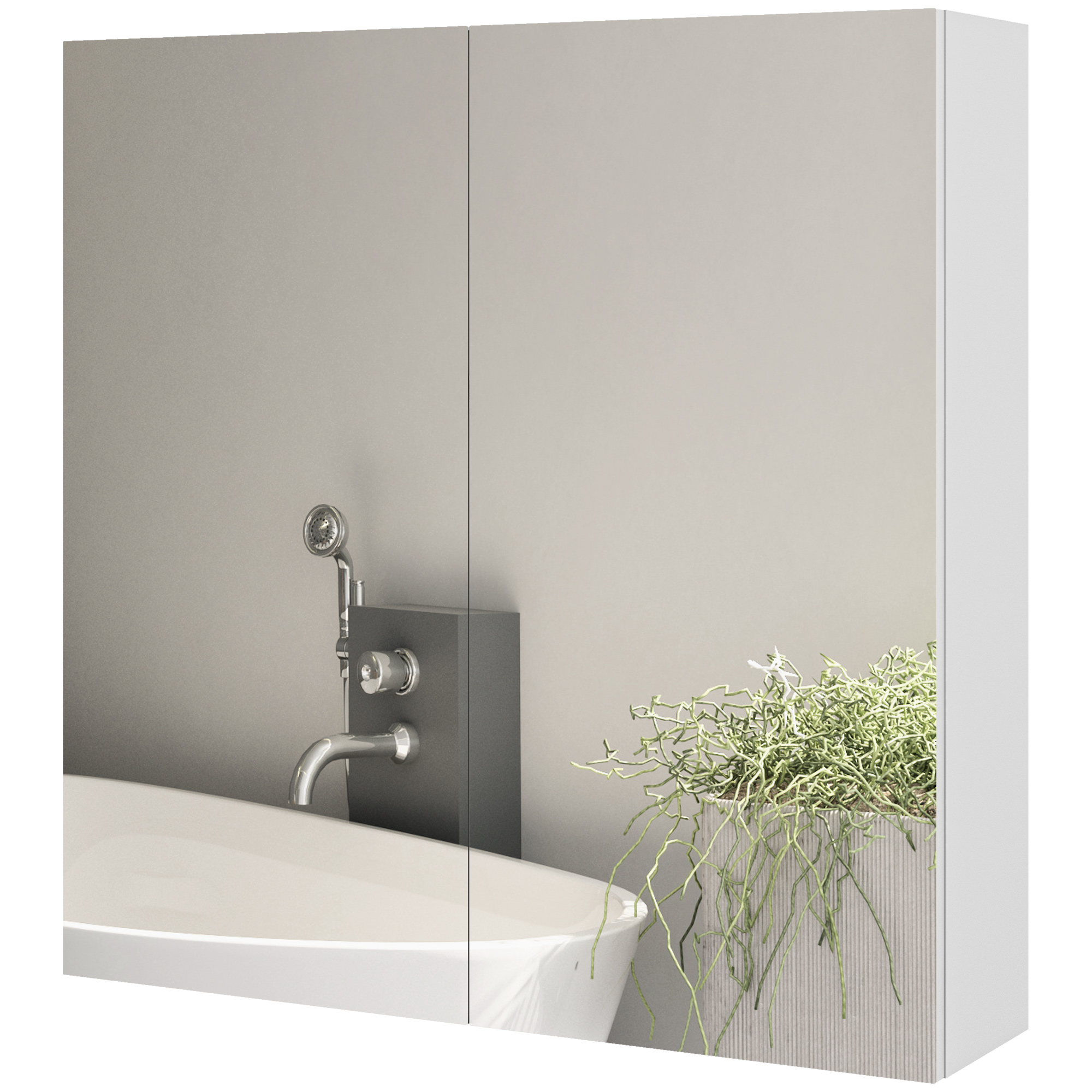 High gloss white wall-mounted bathroom mirror cabinet with two mirrored doors, adjustable shelf, and sleek design, complemented by a modern bathtub and decorative plant.