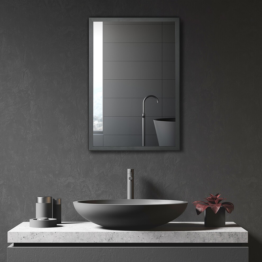 Wall-mounted bathroom cabinet in a sleek black frame with a mirror, featuring storage shelves and a modern gray sink on a textured countertop.