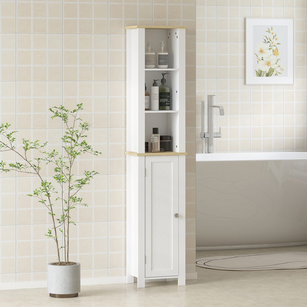 Slim white bathroom storage unit with an open compartment and a closed cabinet, featuring a natural wood top, set against a tiled wall with a plant and bathtub.