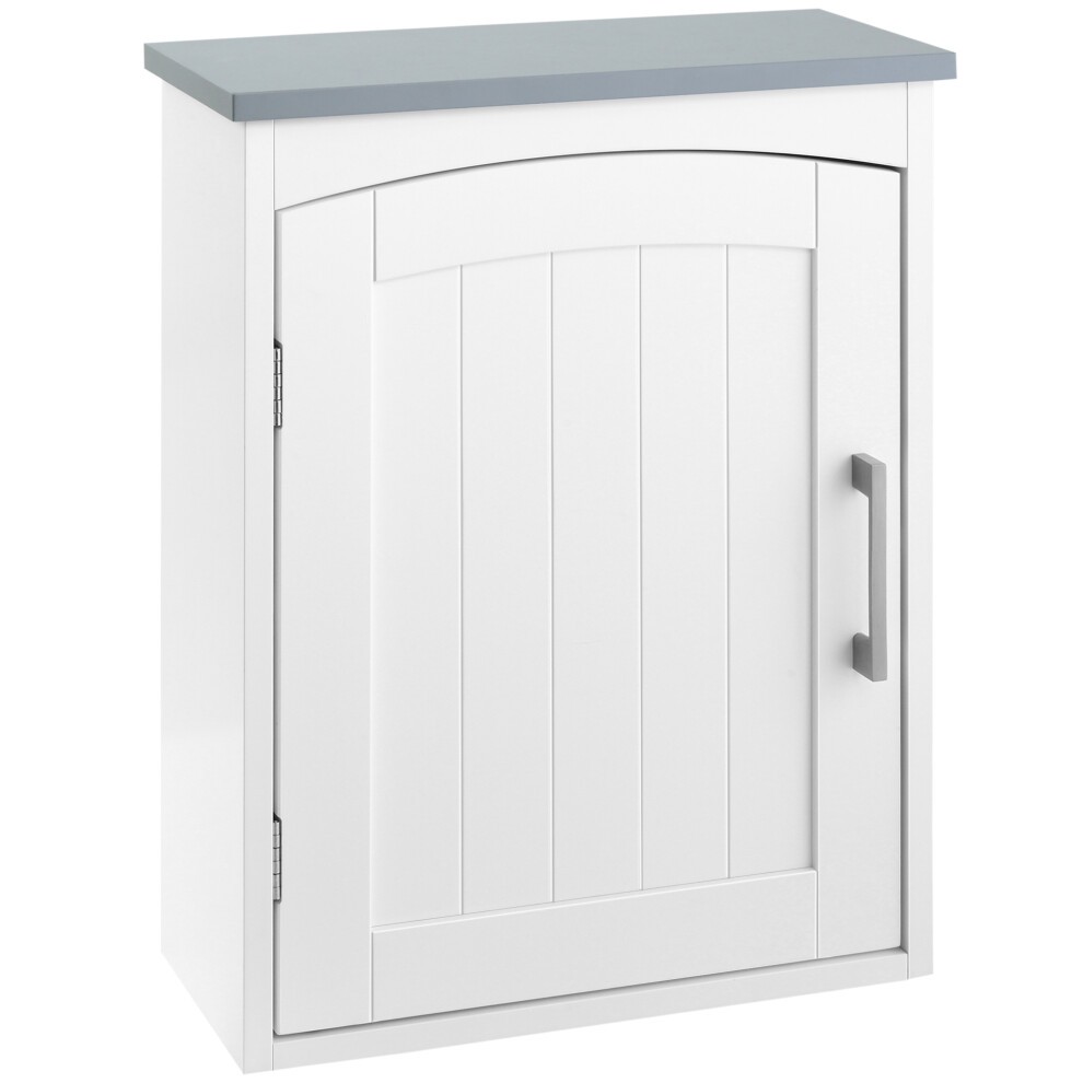 Light grey wall-mounted bathroom cabinet featuring a white wooden body, an adjustable shelf inside, and a sleek silver handle on a curved door.