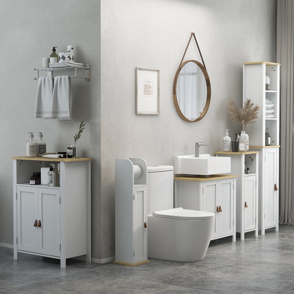 Slim white bathroom storage unit with an adjustable shelf, wooden top, and stylish handles, complementing a modern bathroom setting with neutral tones and decorative elements.