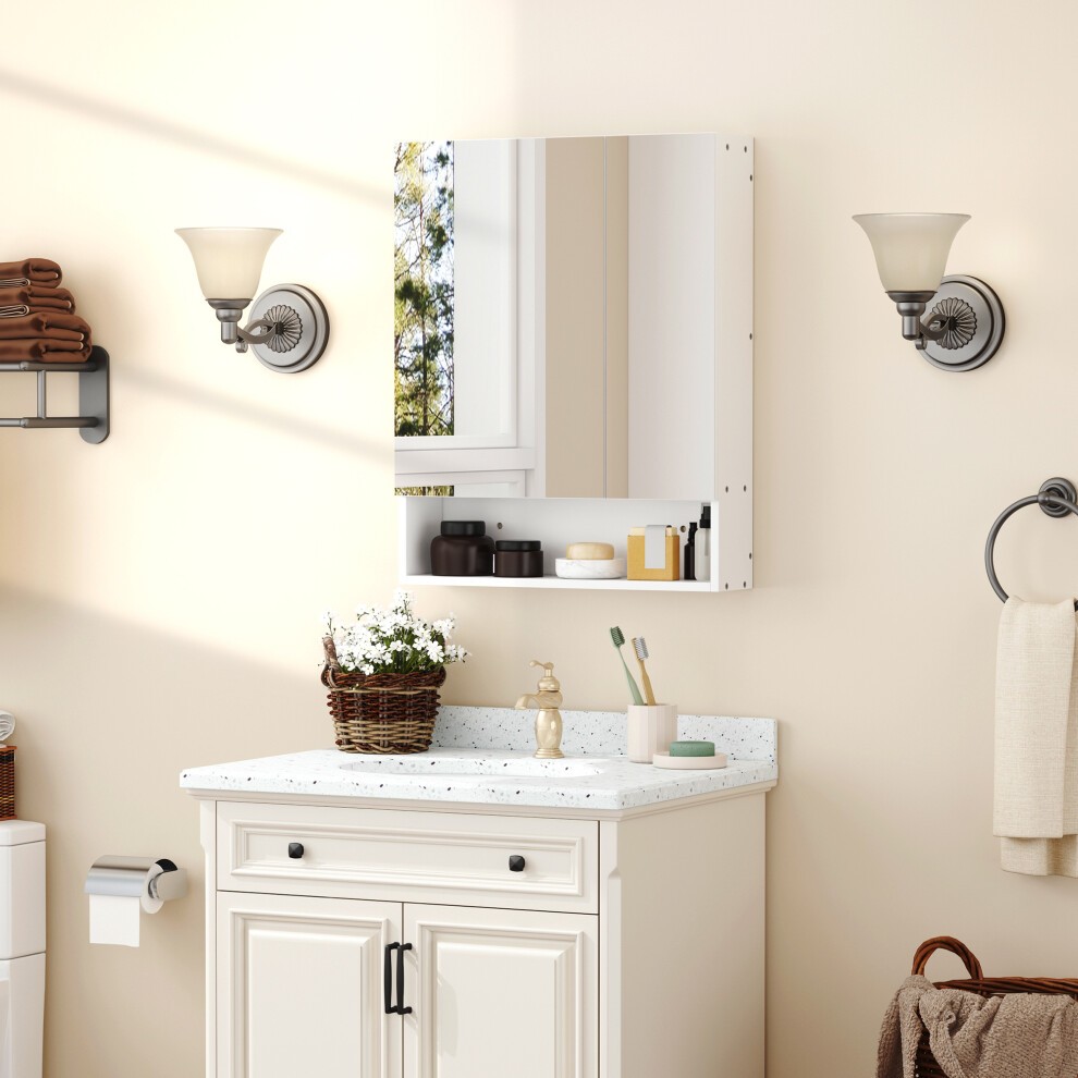 White wall-mounted medicine cabinet with a mirror, featuring an adjustable shelf, sleek design, and surrounded by decorative bathroom elements like sconces and a countertop.