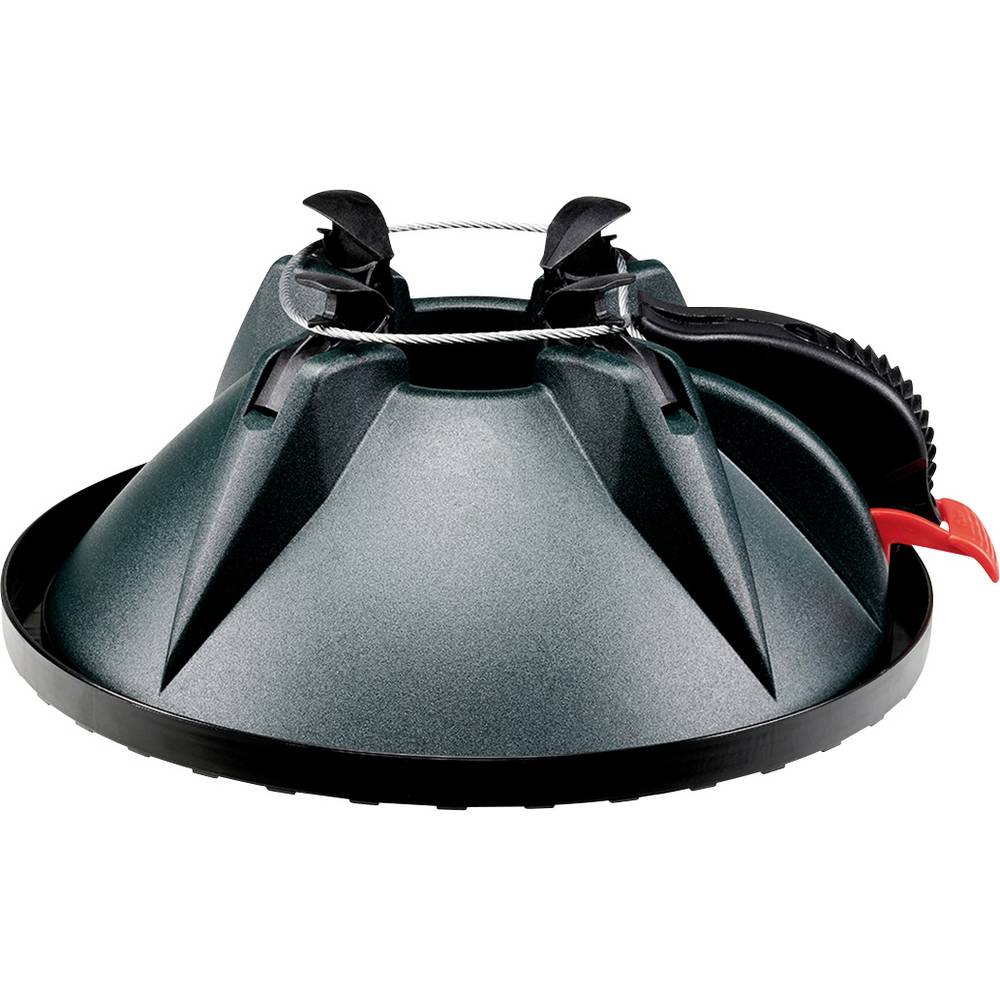 Black and gray plastic Christmas tree stand with a conical shape, featuring adjustable clamps, a red lever for tightening, and a sturdy base for stability.