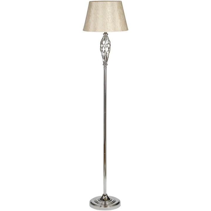 Silver chrome floor lamp with a decorative, elongated base and a textured beige shade, featuring intricate detailing on the stem for an elegant touch.
