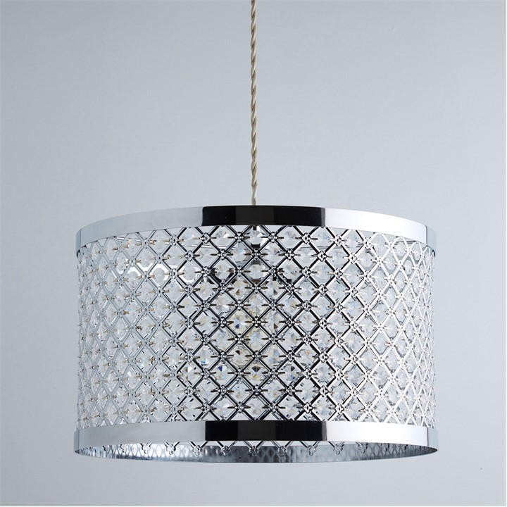 Silver metal bead pendant light shade with a decorative crisscross pattern, featuring a sleek chrome rim and a hanging cord, measuring 39cm in diameter.