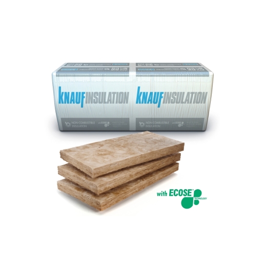 Knauf Insulation Masonry Party Wall Slab, 75mm thick, featuring three stacked slabs with a light brown color, packaged in a branded box with ECOSE technology logo.