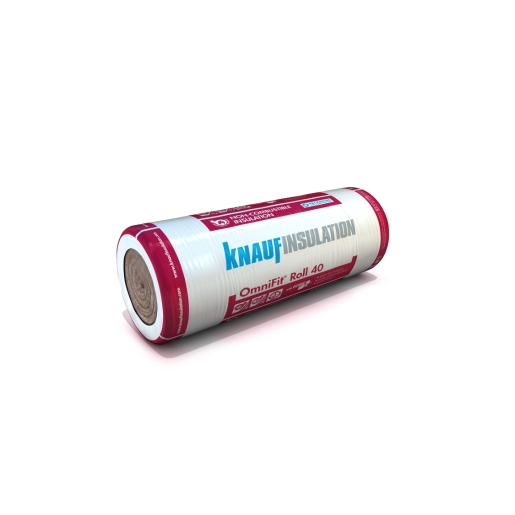 Knauf Insulation OmniFit roll in white and red packaging, measuring 4550mm x 1200mm x 150mm, features a cylindrical shape with product details prominently displayed.