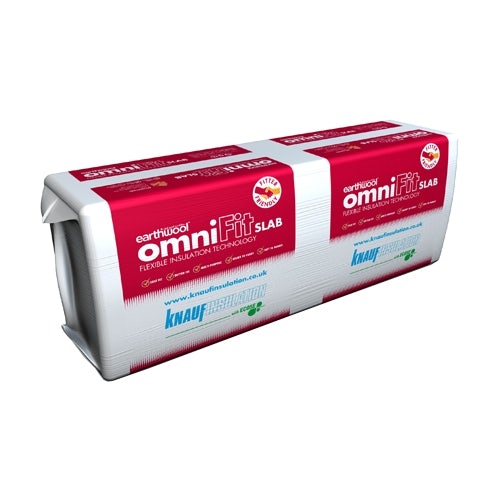 Knauf Insulation OmniFit Slab in a white and red package, featuring flexible insulation technology, measuring 70mm thick and 1200x600mm, covering 5.76m².