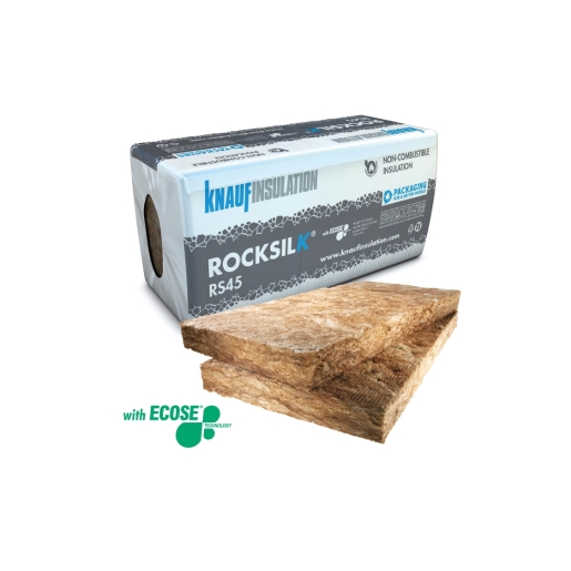 Rocksilk RS45 insulation slab by Knauf, featuring a light brown, fibrous texture, packaged in a blue and white wrapper, measuring 1200mm x 600mm x 100mm.