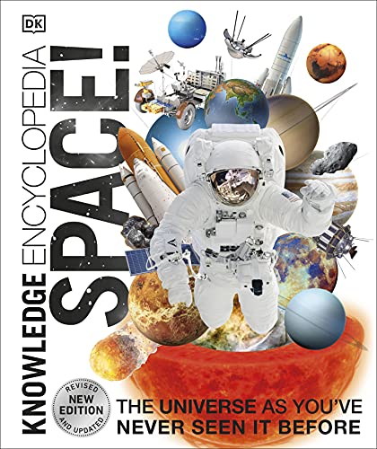 Colorful book cover featuring an astronaut, planets, and spacecraft, with bold text reading "Knowledge Encyclopedia Space!" and a subtitle about the universe.