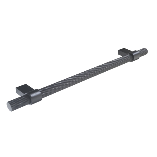 Knurled bar handle in a sleek black finish with textured grip and square mounting brackets, designed for modern cabinetry or furniture applications.