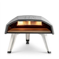 Ooni Koda 12 pizza oven in sleek gray with a stainless steel finish, featuring a large cooking chamber, two flame burners, and sturdy legs for outdoor use.