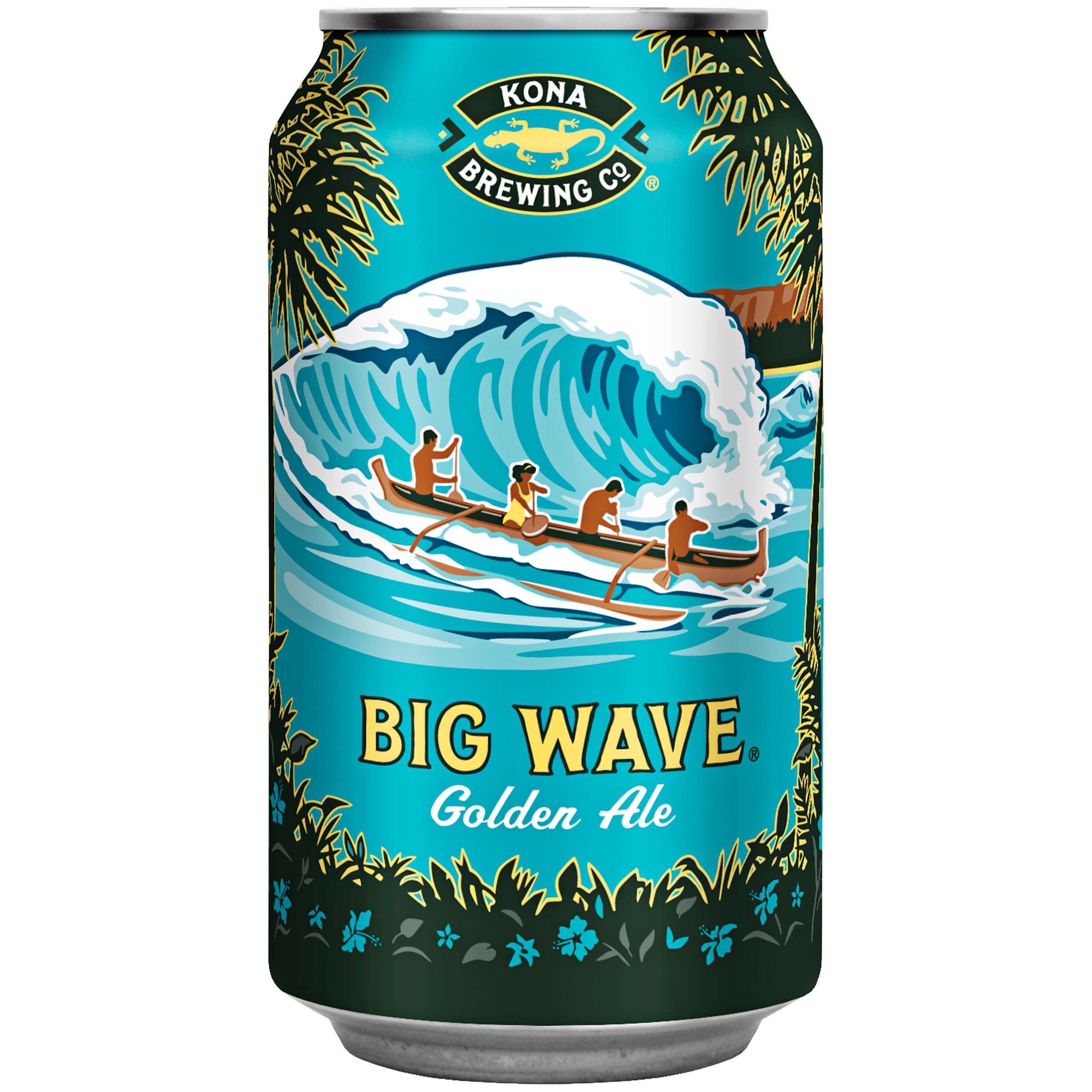 Kona Big Wave Golden Ale can featuring vibrant turquoise and blue waves, a canoe with paddlers, and tropical foliage, packaged in a 24-pack of 355 ml cans.