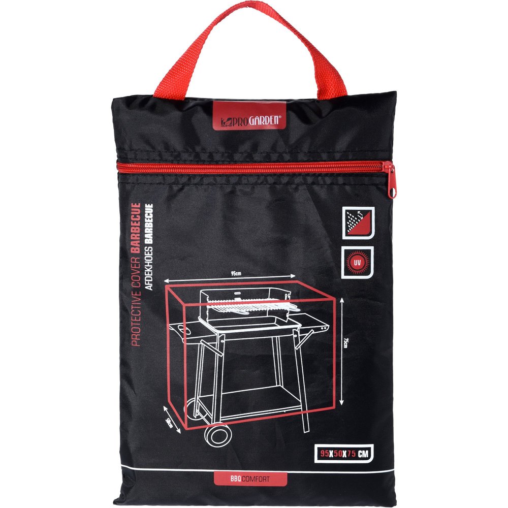 Black waterproof BBQ grill slipcover with red accents, featuring a handle for easy transport and detailed dimensions for fit, designed to protect outdoor barbecues from the elements.