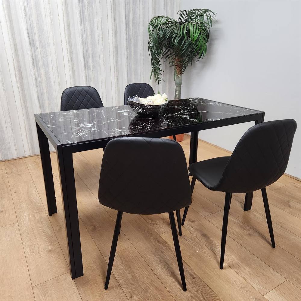 Kosy Koala 4 Seater Glass and Faux Leather Diamond Stitch Dining Set Black and Marble Effect - image 2