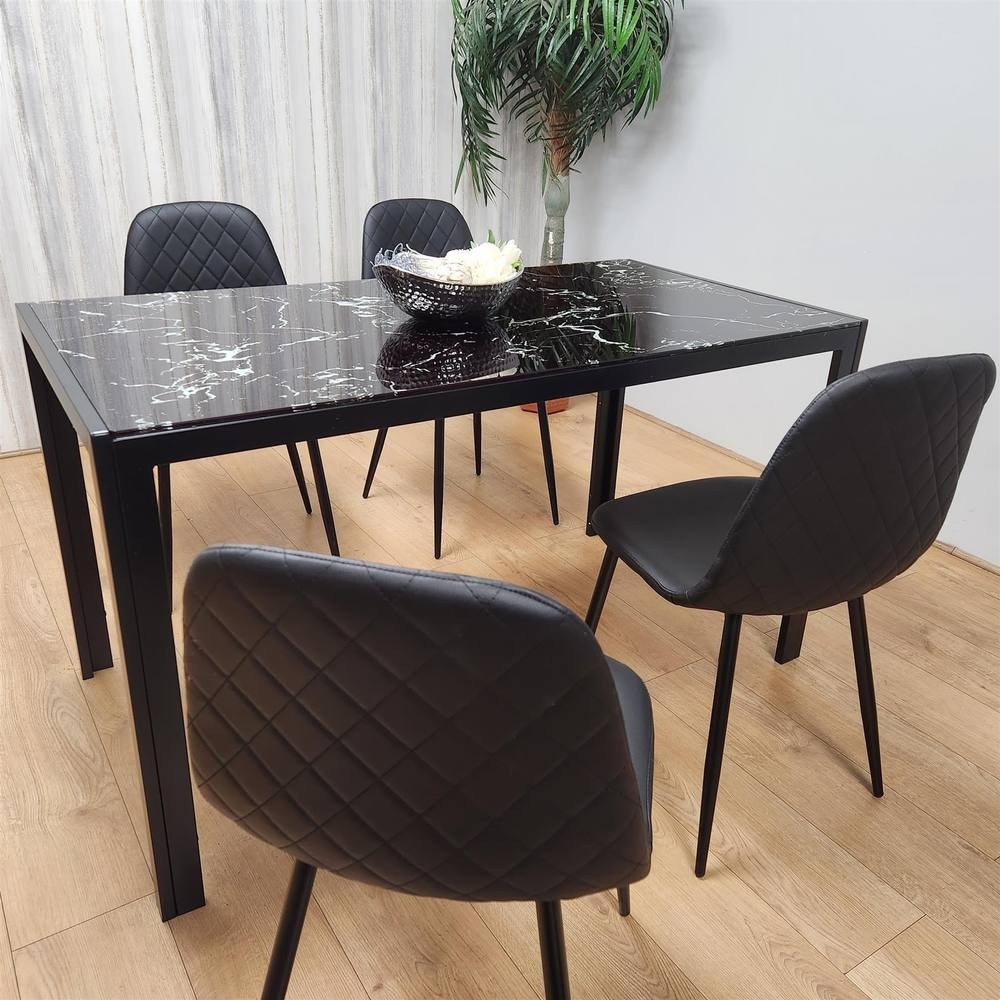 Kosy Koala 4 Seater Glass and Faux Leather Diamond Stitch Dining Set Black and Marble Effect - image 3