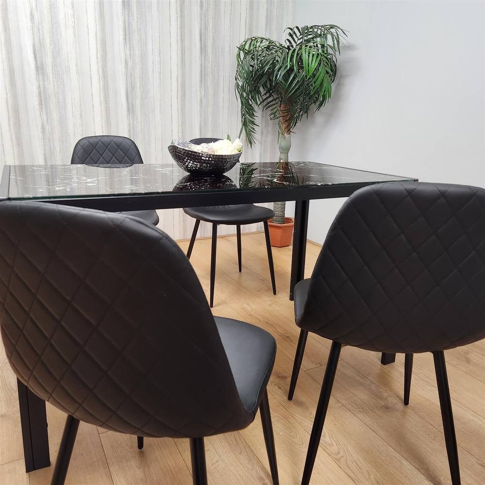 Kosy Koala 4 Seater Glass and Faux Leather Diamond Stitch Dining Set Black and Marble Effect - image 4